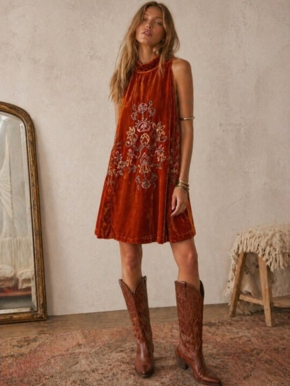 Free People Jill Luxe Sequin Velvet Swing Mini Dress Burnt Orange S